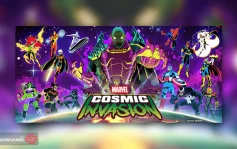 کاور بازی MARVEL Cosmic Invasion با لوگوی رسمی بازی روی موجودی غول پیکر و قهرمانان مارول