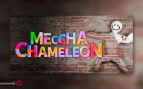 کاور بازی MECCHA CHAMELEON با لوگوی رسمی بازی روی دیوار آجری کنار شخصیتی آجری رنگ