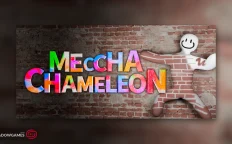 کاور بازی MECCHA CHAMELEON با لوگوی رسمی بازی روی دیوار آجری کنار شخصیتی آجری رنگ