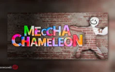 کاور بازی MECCHA CHAMELEON با لوگوی رسمی بازی روی دیوار آجری کنار شخصیتی آجری رنگ