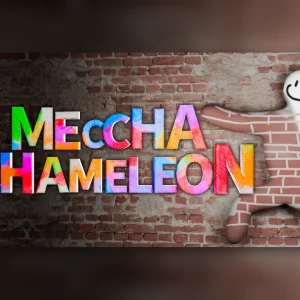 کاور بازی MECCHA CHAMELEON با لوگوی رسمی بازی روی دیوار آجری کنار شخصیتی آجری رنگ