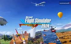 کاور بازی Microsoft Flight Simulator 2024 با لوگوی رسمی بازی روی هواپیمای آتش نشان و بالن