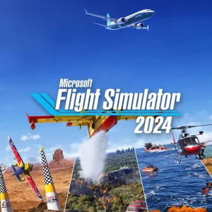 کاور بازی Microsoft Flight Simulator 2024 با لوگوی رسمی بازی روی هواپیمای آتش نشان و بالن