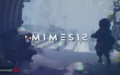 کاور بازی MIMESIS با لوگوی رسمی بازی روی شخصیت های نقاب دار در خیابانی بارانی