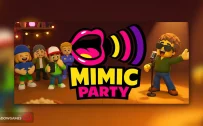 کاور بازی Mimic Party با لوگوی رسمی بازی روی شخصیت عینکی پشت میکروفون و جمع خندان