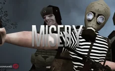 کاور بازی MISERY با لوگوی رسمی بازی روی بازماندگانی با ماسک ضدگاز و کلاه پشمی
