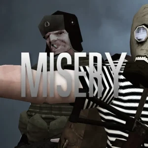 کاور بازی MISERY با لوگوی رسمی بازی روی بازماندگانی با ماسک ضدگاز و کلاه پشمی