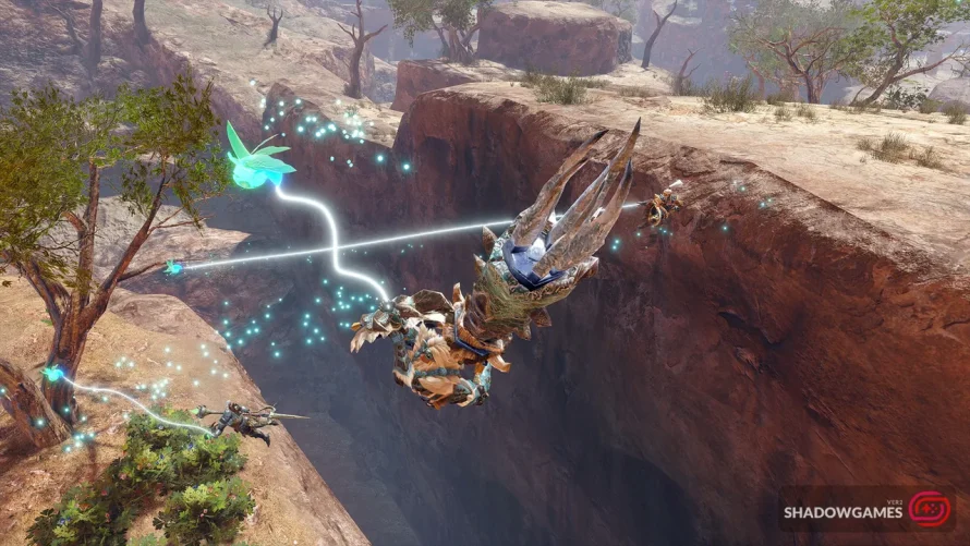 شکارچیان در حال پرواز با تار Wirebug بر فراز دره در بازی MONSTER HUNTER RISE