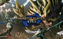 کاور بازی MONSTER HUNTER RISE با لوگوی رسمی بازی روی دو شکارچی و هیولای خاردار