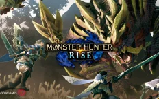 کاور بازی MONSTER HUNTER RISE با لوگوی رسمی بازی روی دو شکارچی و هیولای خاردار