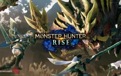 کاور بازی MONSTER HUNTER RISE با لوگوی رسمی بازی روی دو شکارچی و هیولای خاردار
