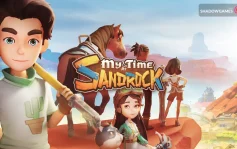 کاور بازی My Time at Sandrock با لوگوی رسمی بازی روی جوانی با آچار و گربه