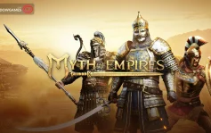 کاور بازی Myth of Empires با لوگوی رسمی بازی روی سه جنگجوی زره پوش