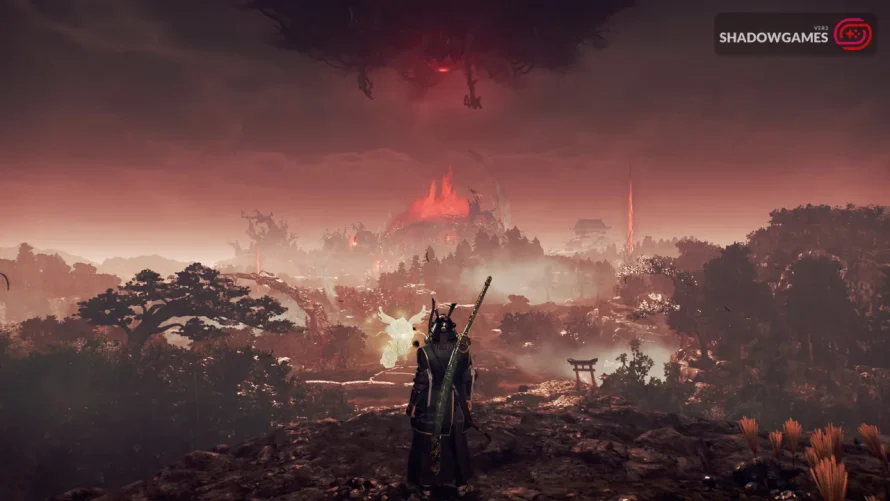 سامورایی شمشیر به دوش بالای دره سرخ و مه آلود در بازی آنلاین Nioh 3