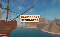 کاور بازی Old Market Simulator با لوگوی رسمی بازی روی کشتی بادبانی و ساحلی گرمسیری