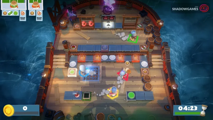 سرآشپز ها در حال پخت همبرگر روی عرشه کشتی در بازی Overcooked! All You Can Eat