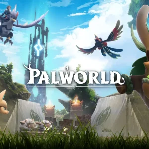 کاور بازی Palworld با لوگوی رسمی بازی روی Pal های مسلح و برجی بلند