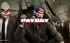 کاور بازی PAYDAY The Heist با لوگوی رسمی بازی روی سارقان مسلح با ماسک دلقک