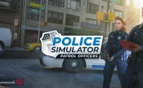 کاور بازی Police Simulator: Patrol Officers با لوگوی رسمی بازی روی دو افسر پلیس در خیابان