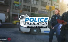 کاور بازی Police Simulator: Patrol Officers با لوگوی رسمی بازی روی دو افسر پلیس در خیابان