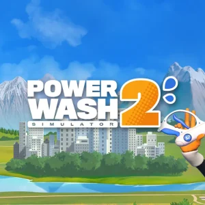 کاور بازی PowerWash Simulator 2 با لوگوی رسمی بازی روی شهر و کوه های برفی