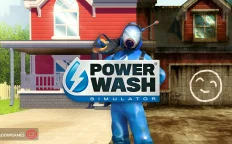 کاور بازی PowerWash Simulator با لوگوی رسمی بازی روی کارگر آبی پوش جلوی خانه قرمز