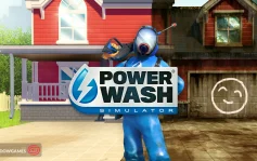 کاور بازی PowerWash Simulator با لوگوی رسمی بازی روی کارگر آبی پوش جلوی خانه قرمز