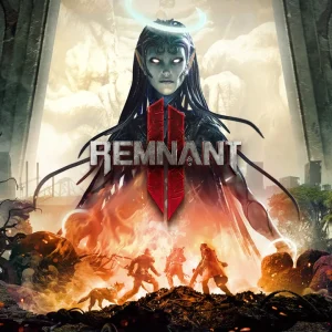کاور بازی REMNANT II با لوگوی رسمی بازی روی زن هاله دار و جنگجویان میان آتش