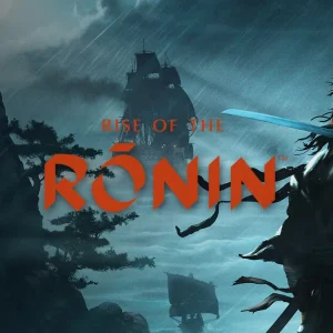 کاور بازی Rise of the Ronin با لوگوی رسمی بازی روی شمشیرزن و کشتی های بادبانی