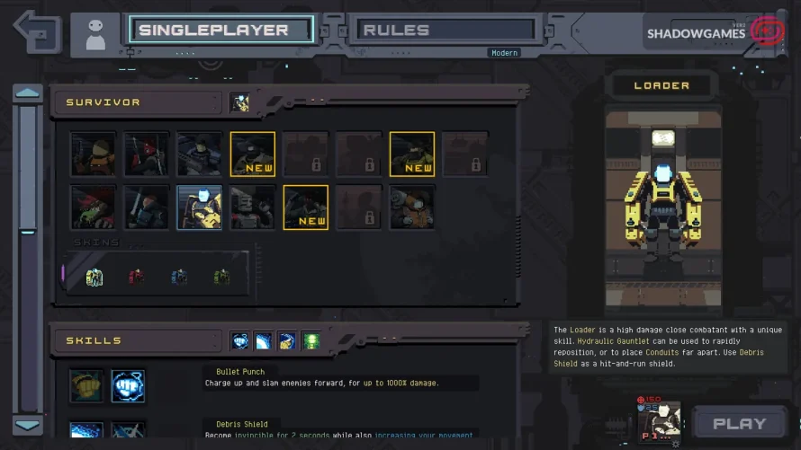 صفحه انتخاب Survivor با شخصیت Loader در زره زرد در بازی Risk of Rain Returns