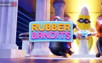 کاور بازی Rubber Bandits با لوگوی رسمی بازی روی راهزن های نقاب دار کنار الماس درخشان
