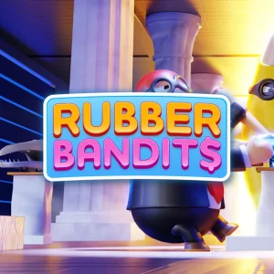کاور بازی Rubber Bandits با لوگوی رسمی بازی روی راهزن های نقاب دار کنار الماس درخشان