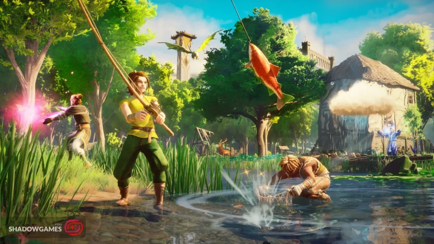 بازیکنان در حال ماهیگیری با قلاب و تور کنار برکه در بازی آنلاین RuneScape: Dragonwilds