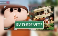 کاور بازی RV There Yet? با لوگوی رسمی بازی روی تابلوی سبز کنار خانه چرخدار