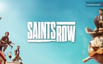 کاور بازی Saints Row با لوگوی رسمی بازی روی آسمان آبی و اعضای مسلح باند
