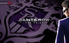 کاور بازی Saints Row: The Third با لوگوی رسمی بازی روی نشان بنفش و مرد عینکی