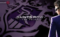 کاور بازی Saints Row: The Third با لوگوی رسمی بازی روی نشان بنفش و مرد عینکی