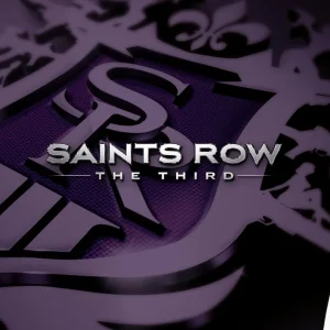 کاور بازی Saints Row: The Third با لوگوی رسمی بازی روی نشان بنفش و مرد عینکی