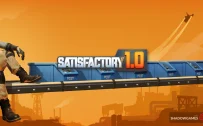 کاور بازی Satisfactory با لوگوی رسمی بازی روی نوار نقاله آبی در آسمان نارنجی