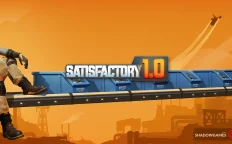 کاور بازی Satisfactory با لوگوی رسمی بازی روی نوار نقاله آبی در آسمان نارنجی