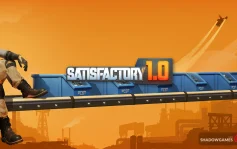 کاور بازی Satisfactory با لوگوی رسمی بازی روی نوار نقاله آبی در آسمان نارنجی