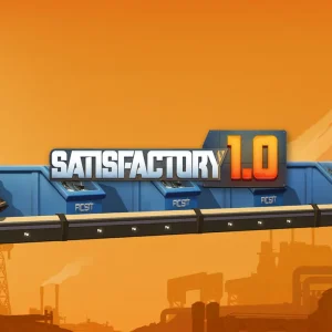 کاور بازی Satisfactory با لوگوی رسمی بازی روی نوار نقاله آبی در آسمان نارنجی