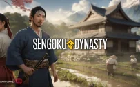 کاور بازی Sengoku Dynasty با لوگوی رسمی بازی روی سامورایی شمشیر به دست و شالیزار برنج