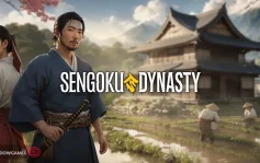 کاور بازی Sengoku Dynasty با لوگوی رسمی بازی روی سامورایی شمشیر به دست و شالیزار برنج