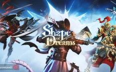 کاور بازی Shape of Dreams با لوگوی رسمی بازی روی تفنگدار کلاه دار و شوالیه طلایی