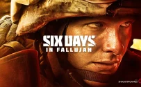 کاور بازی Six Days in Fallujah با لوگوی رسمی بازی روی چهره عرق کرده یک سرباز