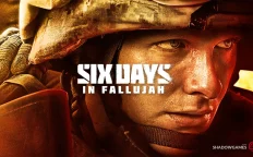 کاور بازی Six Days in Fallujah با لوگوی رسمی بازی روی چهره عرق کرده یک سرباز