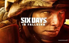 کاور بازی Six Days in Fallujah با لوگوی رسمی بازی روی چهره عرق کرده یک سرباز