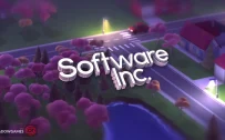 کاور بازی Software Inc. با لوگوی رسمی بازی روی چهارراه و درختان صورتی شهر