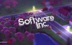 کاور بازی Software Inc. با لوگوی رسمی بازی روی چهارراه و درختان صورتی شهر